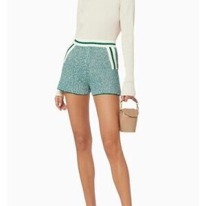 Maje Idda Metallic Jacquard Knit Cotton Tweed Lurex Shorts Ecru Green FR 34 US 2